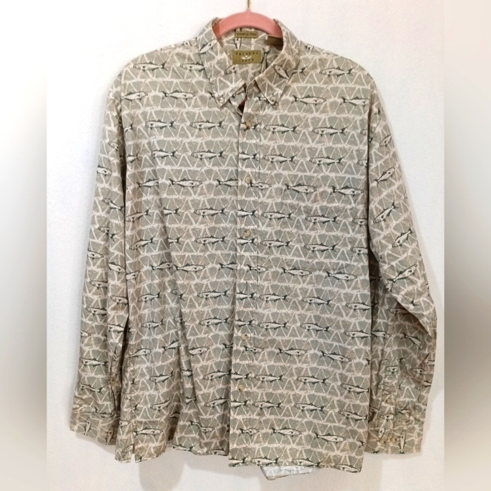 Natural Issue Fish Button Down Shirt Cream Green Gray Wrinkle Free Large